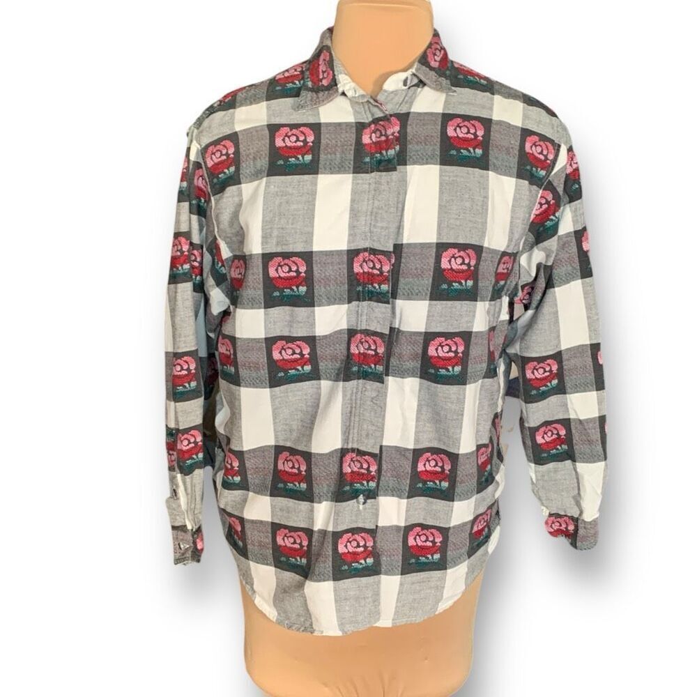 Vintage Shirt Black Oversized White Checkered Plaid Embroidered Dark Floral - Picture 2 of 12
